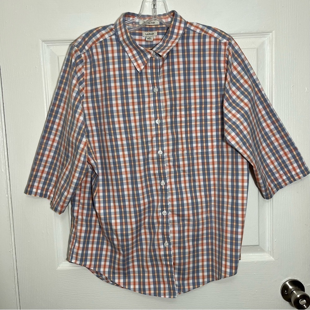 L.L. BEAN Women Button Down 3/4 sleeve Plaid Top | size medium